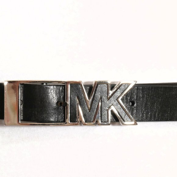 MICHAEL KORS Black Textured Leather Signature MK Logo Buckle Waist Belt L